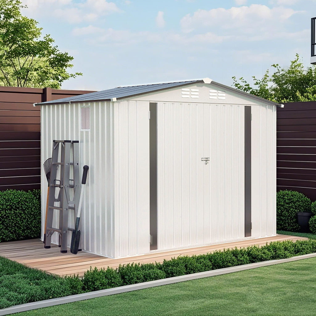 Outdoor Garden Storage Shed with Lockable Doors and Window - White / Gray