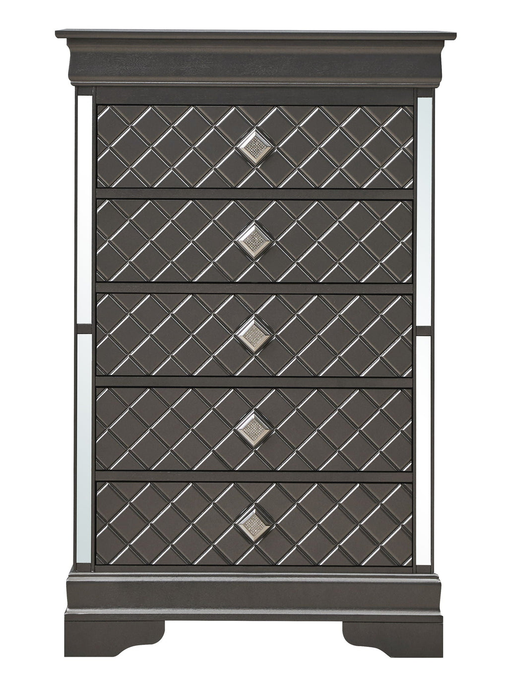 Embossed X Design Accent Chest with Crystal Pulls - Gray, Black, or Pearl Silver
