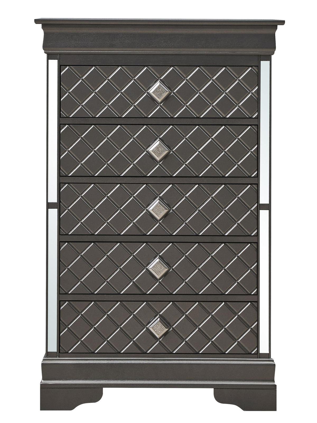 Embossed X Design Accent Chest with Crystal Pulls - Gray, Black, or Pearl Silver