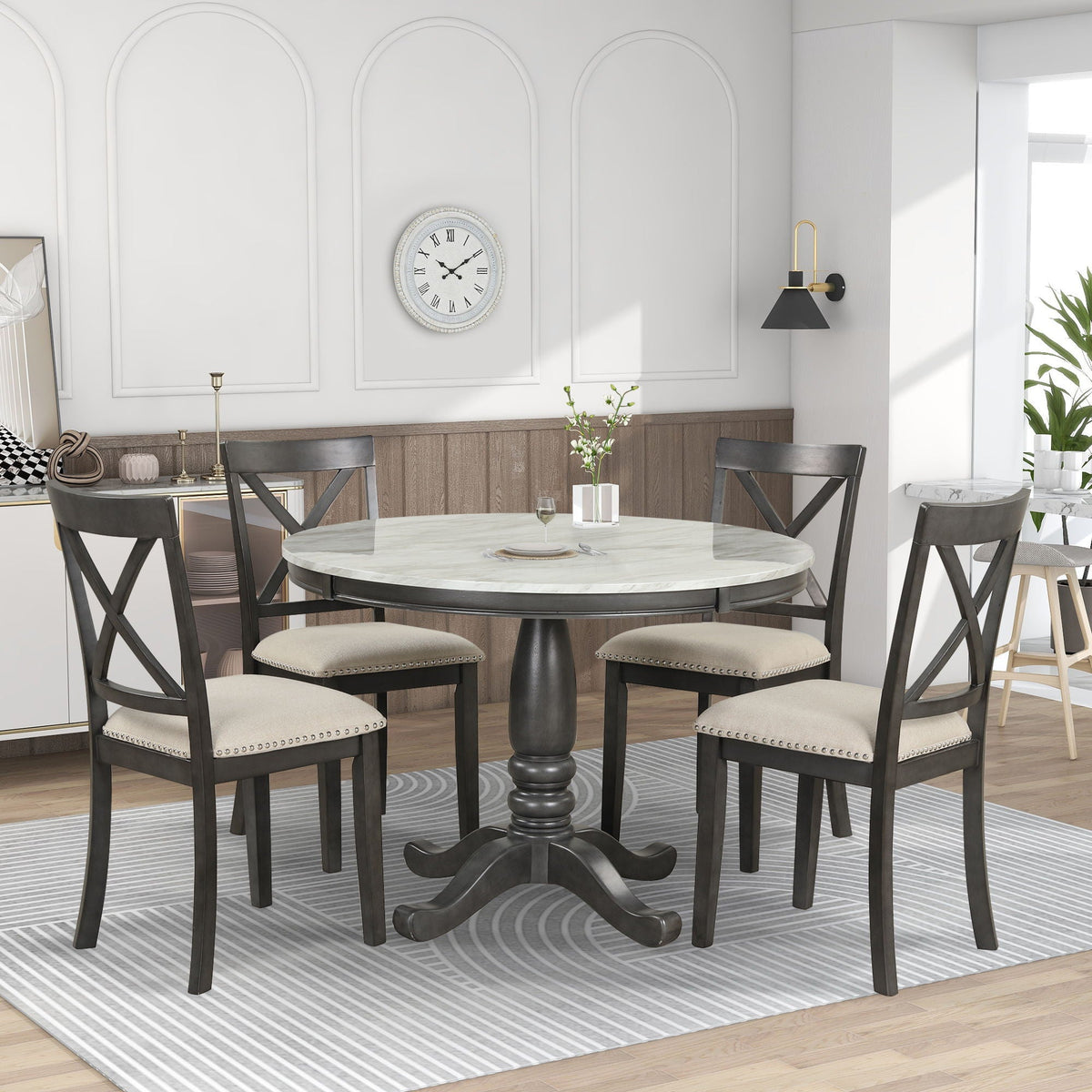Solid Wood 5 Piece Dining Room Set with Table and 4 Chairs - White or Dark Gray
