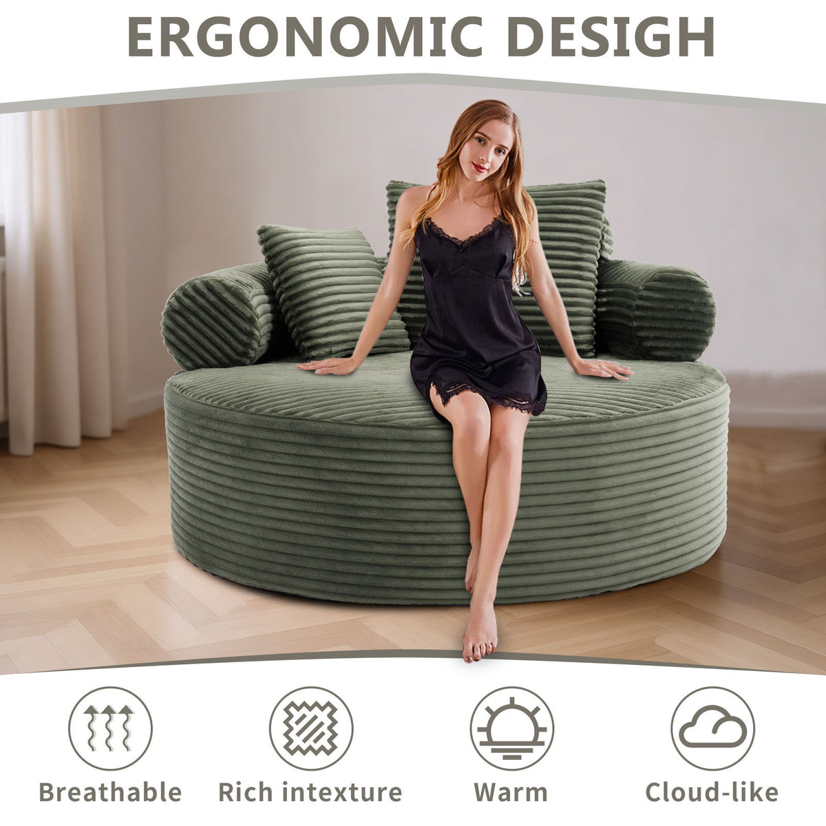 Round Sofa Bed with Memory Foam and 3 Pillows - Multiple Colors