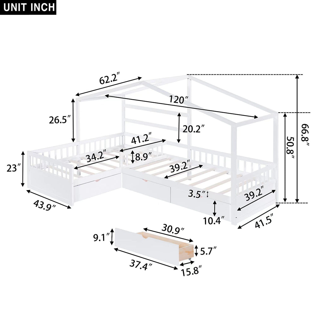 L Shape Twin Platform Bed with 3 Storage Drawers - Dark Gray or White