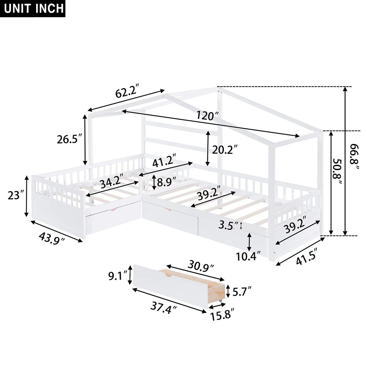 L Shape Twin Platform Bed with 3 Storage Drawers - Dark Gray or White