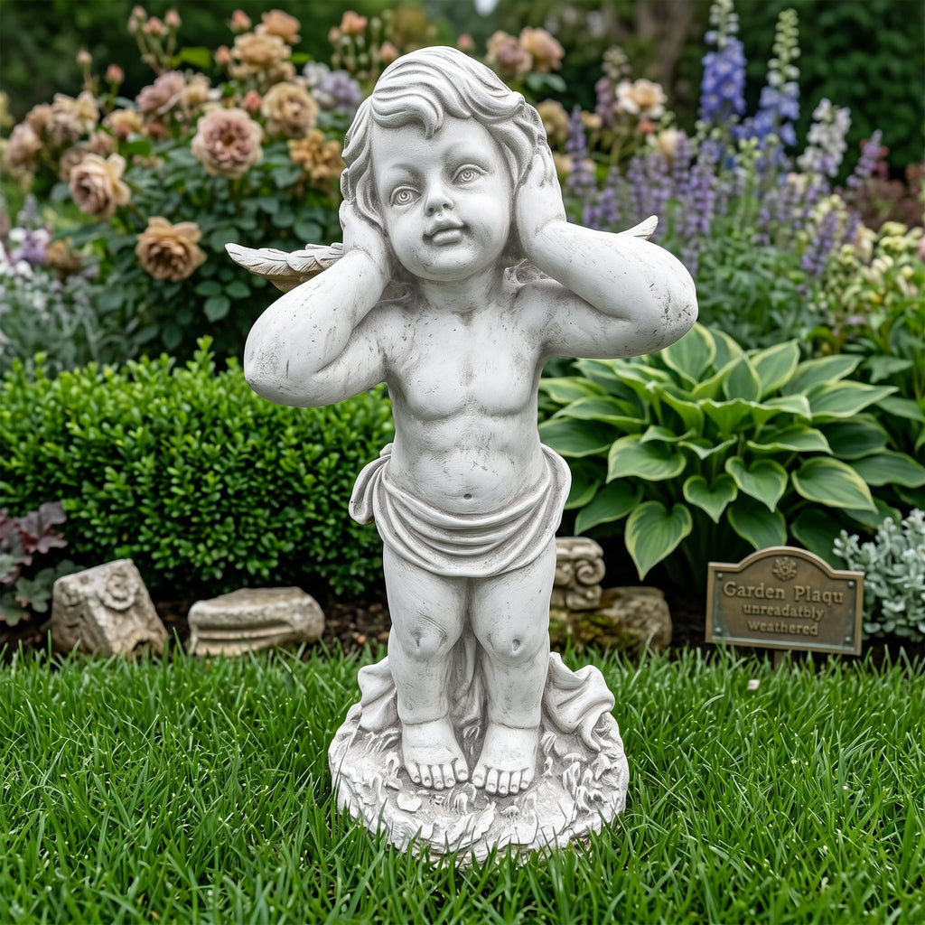 Winged Angel Resin Sculpture with Covering Ears - White