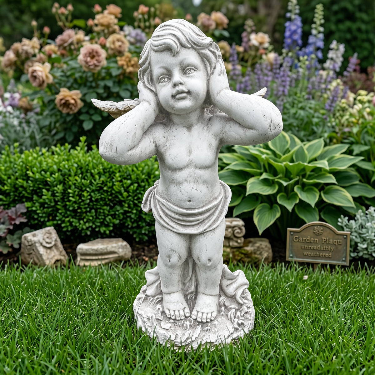 Winged Angel Resin Sculpture with Covering Ears - White