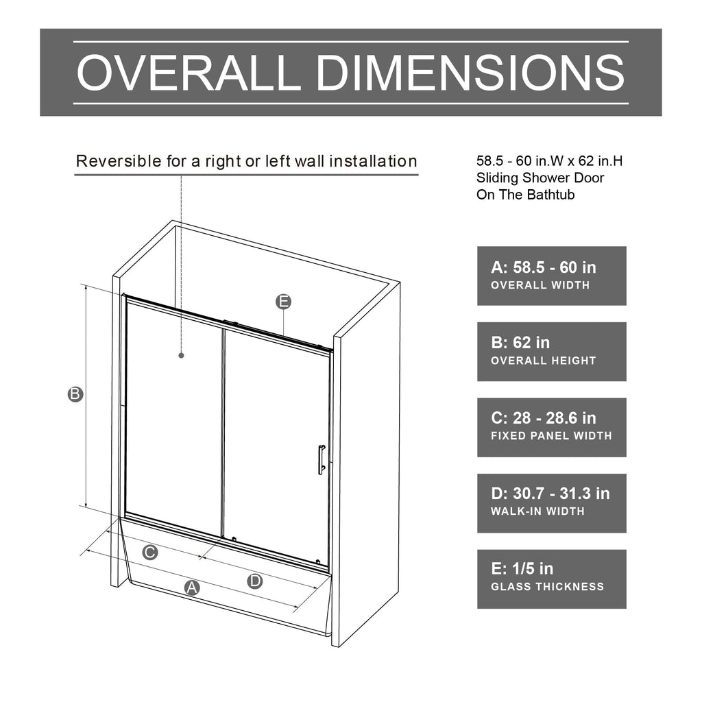 Sliding Shower Door for Bathtub with Safety Glass - Matte Black