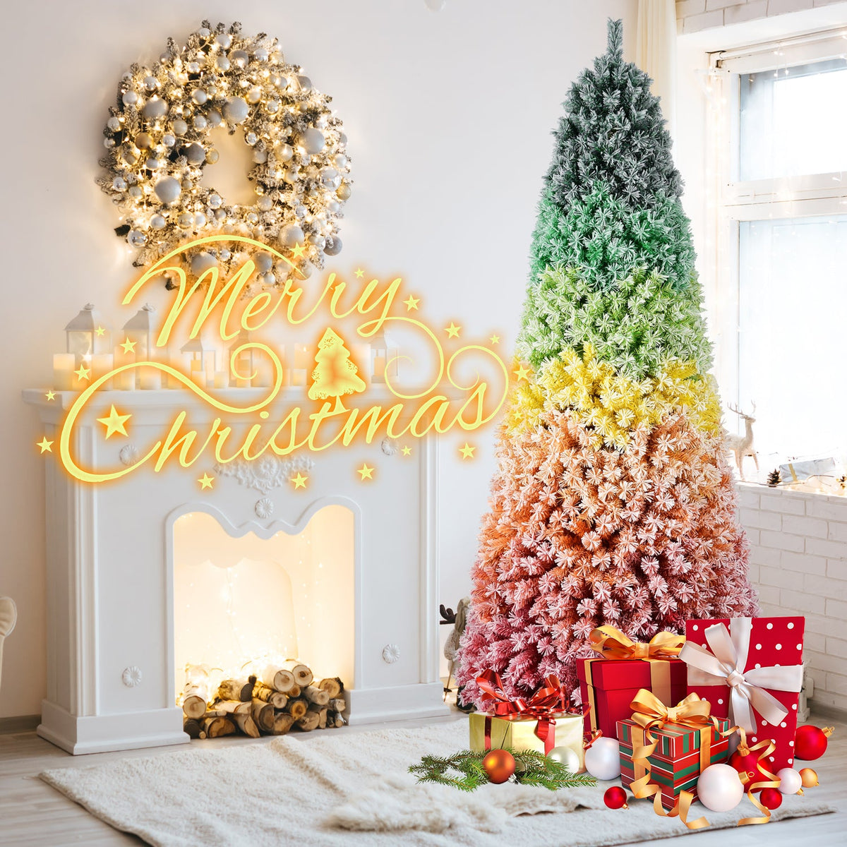 7.5ft Rainbow Gradient Flocked PVC Christmas Tree with Sturdy Metal Stand - Multi-Color