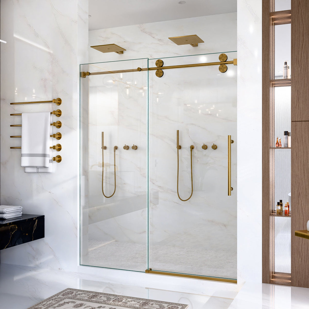 Frameless Sliding Shower Door with Quiet Rollers - Brushed Gold