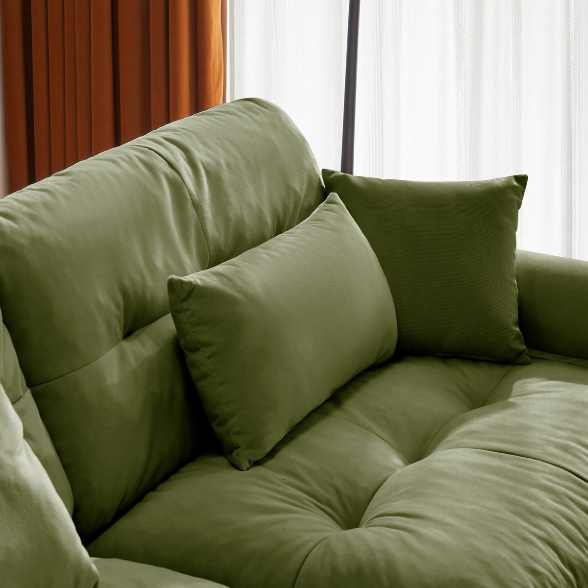 Modern Sofa with Bolstered Armrests and Pillows - Beige or Dark Green
