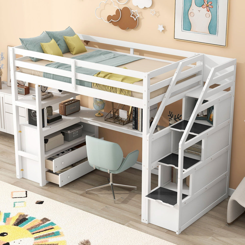 Loft Bed with Desk and Storage Staircase - Full or Twin, White or Gray