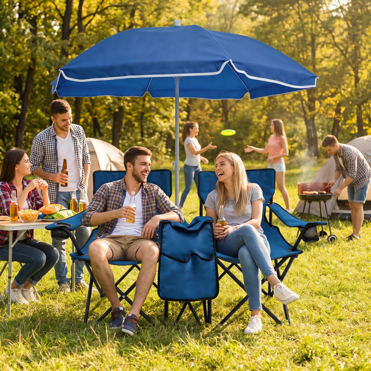 Portable Double Folding Beach Chair Set with Umbrella - Oxford Fabric