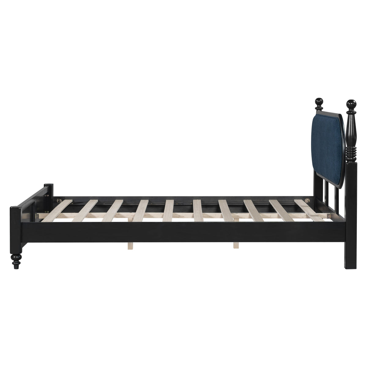 Queen Bed Frame Solid Wood Platform with Upholstered Headboard - Black, Navy Blue