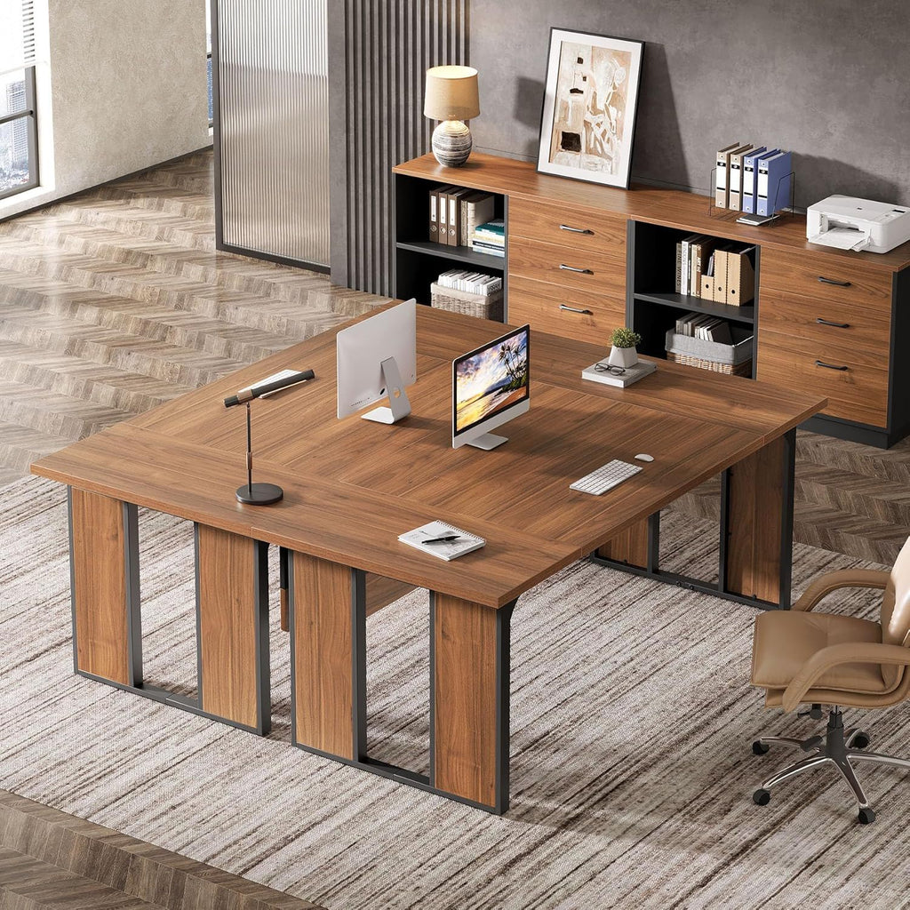 L-Shaped Executive Desk with File Cabinet - Brown / Black