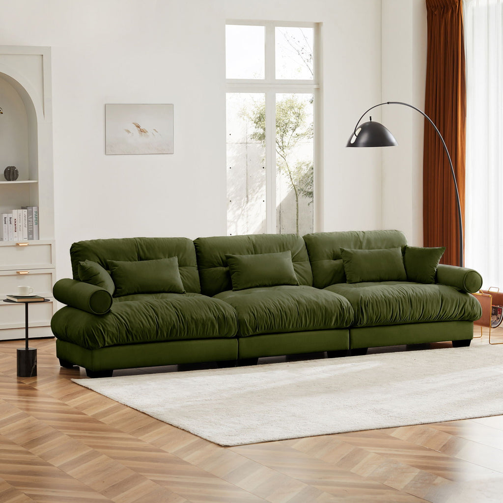 Modern Sofa with Bolstered Armrests and Pillows - Beige or Dark Green