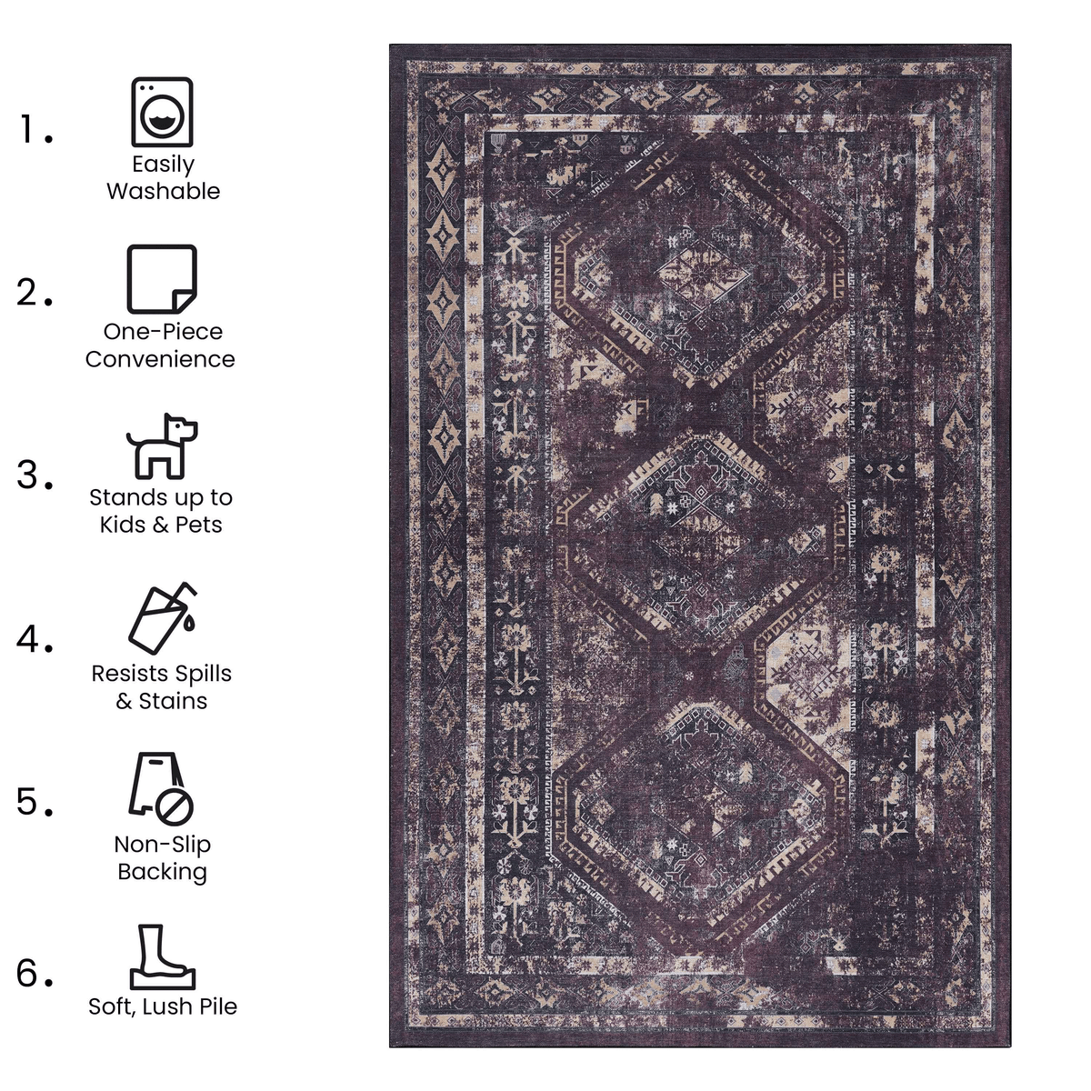 Burgundy Washable 8x10 Area Rug with Non-Shedding Polyester