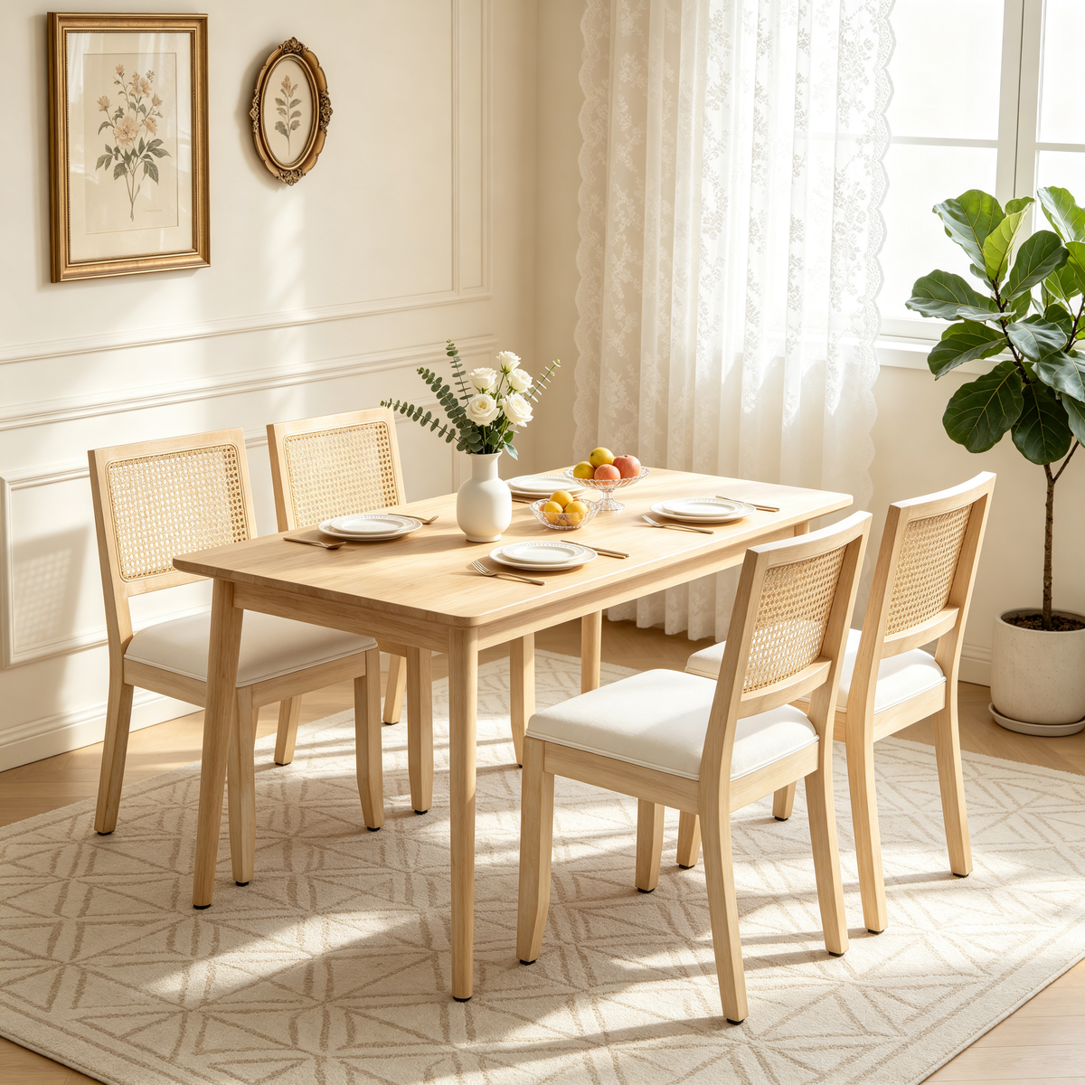 Farmhouse Rattan Dining Chairs Set of 2 with Linen Upholstery - Natural
