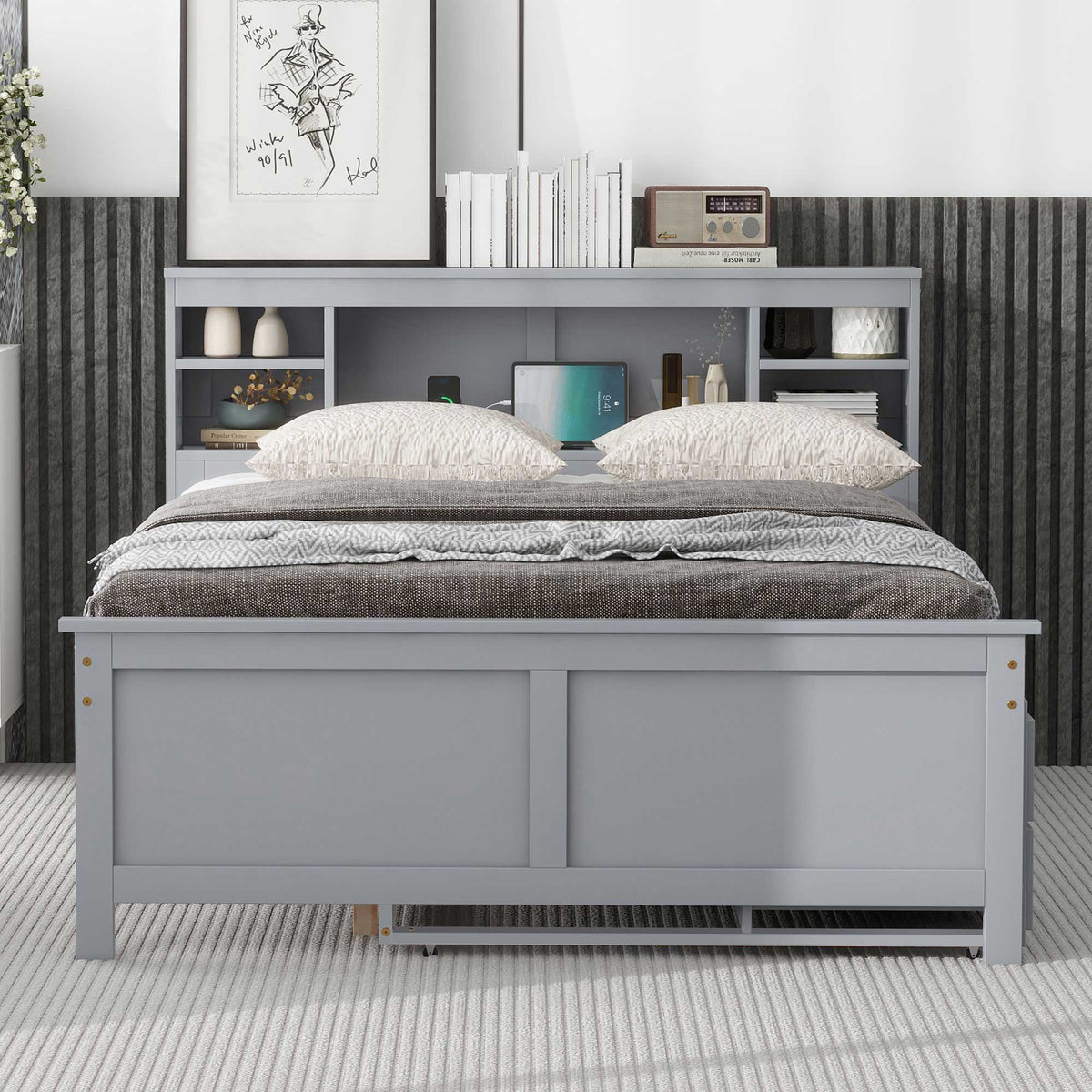 Platform Bed with Storage Headboard, USB, Trundle & 3 Drawers - Twin or Full