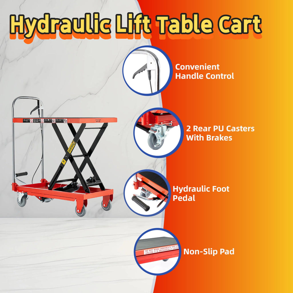 Hydraulic Lift Table Cart with 500 Lbs Load Capacity - Red / Black