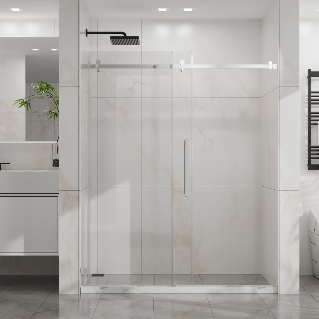 Frameless Tub Sliding Shower Door with Easy Clean Coating - Black or Pearl Silver