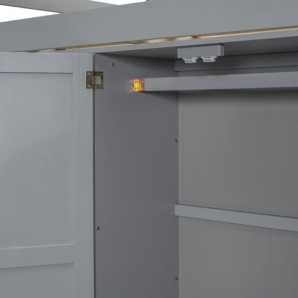 Full Size Loft Bed with Built-In Wardrobe, Shelves, and Drawers - White or Dark Gray