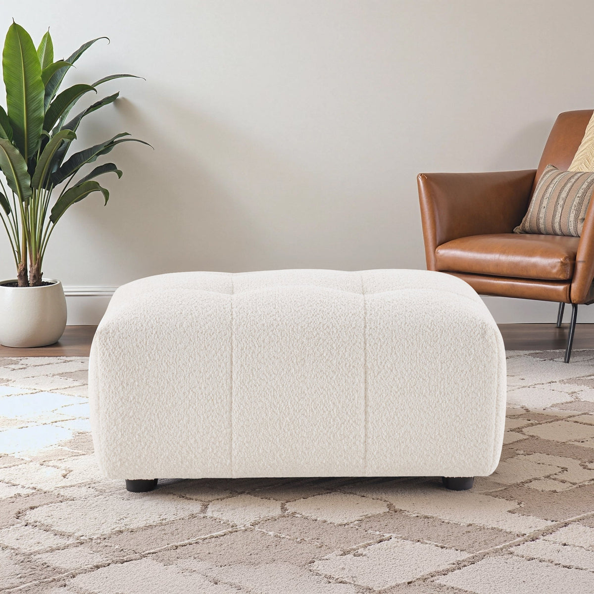 Bouclé Tufted Ottoman with Biscuit Tufting - White