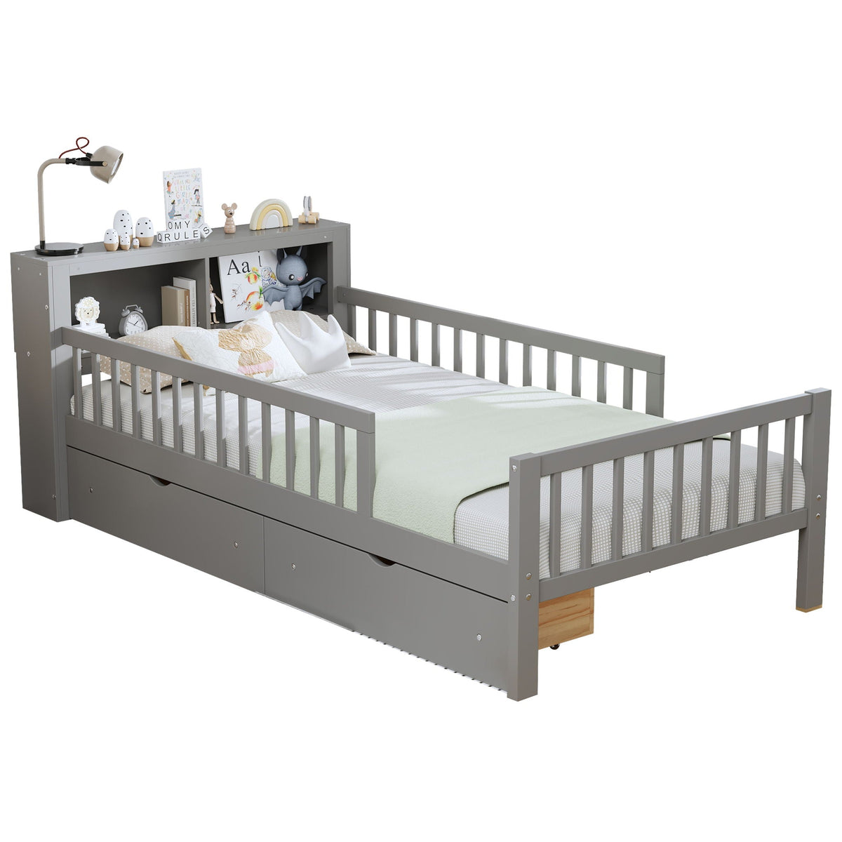 Twin Storage Bed with Headboard Rack & Under-Bed Drawers - Multiple Colors