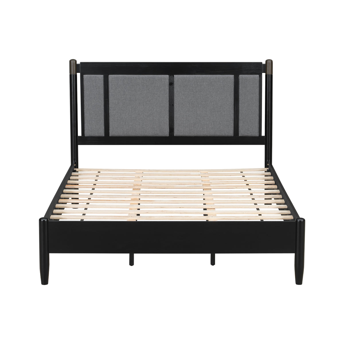 Solid Wood Queen Bed with 500 lbs Support and Fabric Headboard - Dark Grey