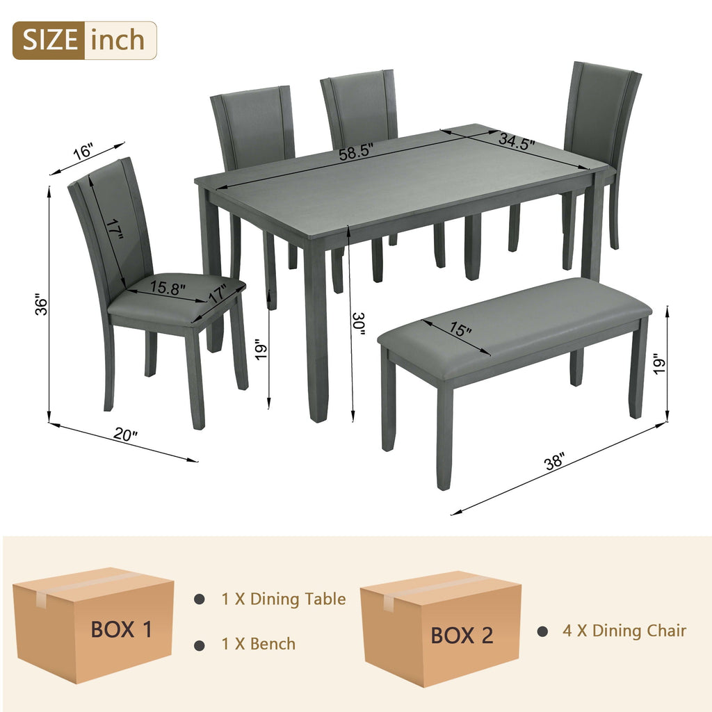 Gray 6 Piece Dining Room Set with Bench with Padded Faux Leather Seats - Gray Wood Grain