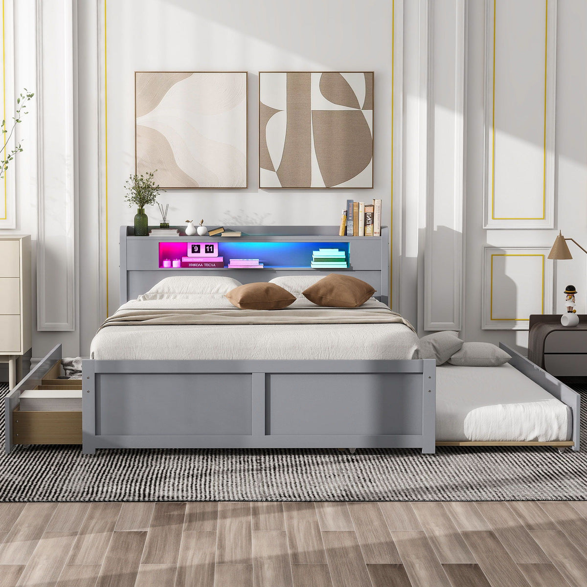 Storage Platform Bed with LED Lights, 2 Drawers and Trundle - Queen