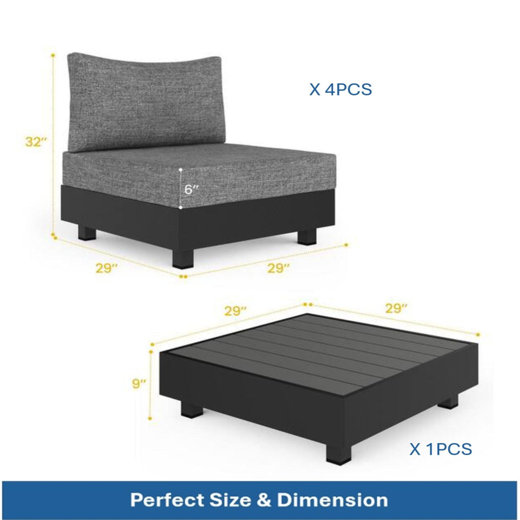Gray Patio Sectional Set with Modular Armless Chairs and Coffee Table