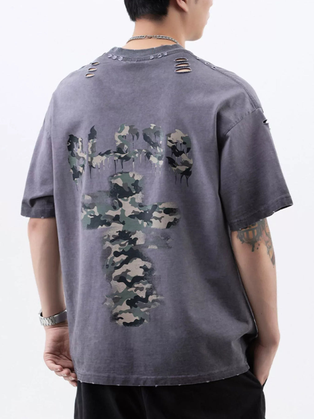 Men's Plus Size Distressed Camo Cross Graphic T-Shirt