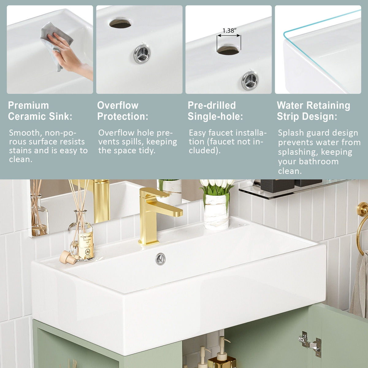 Bathroom Vanity with Single Ceramic Sink and Side Storage - Multiple Colors