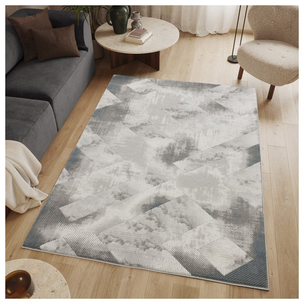 Geometric 3D Effect Area Rug with Durable Polyester - Ivory / Gray