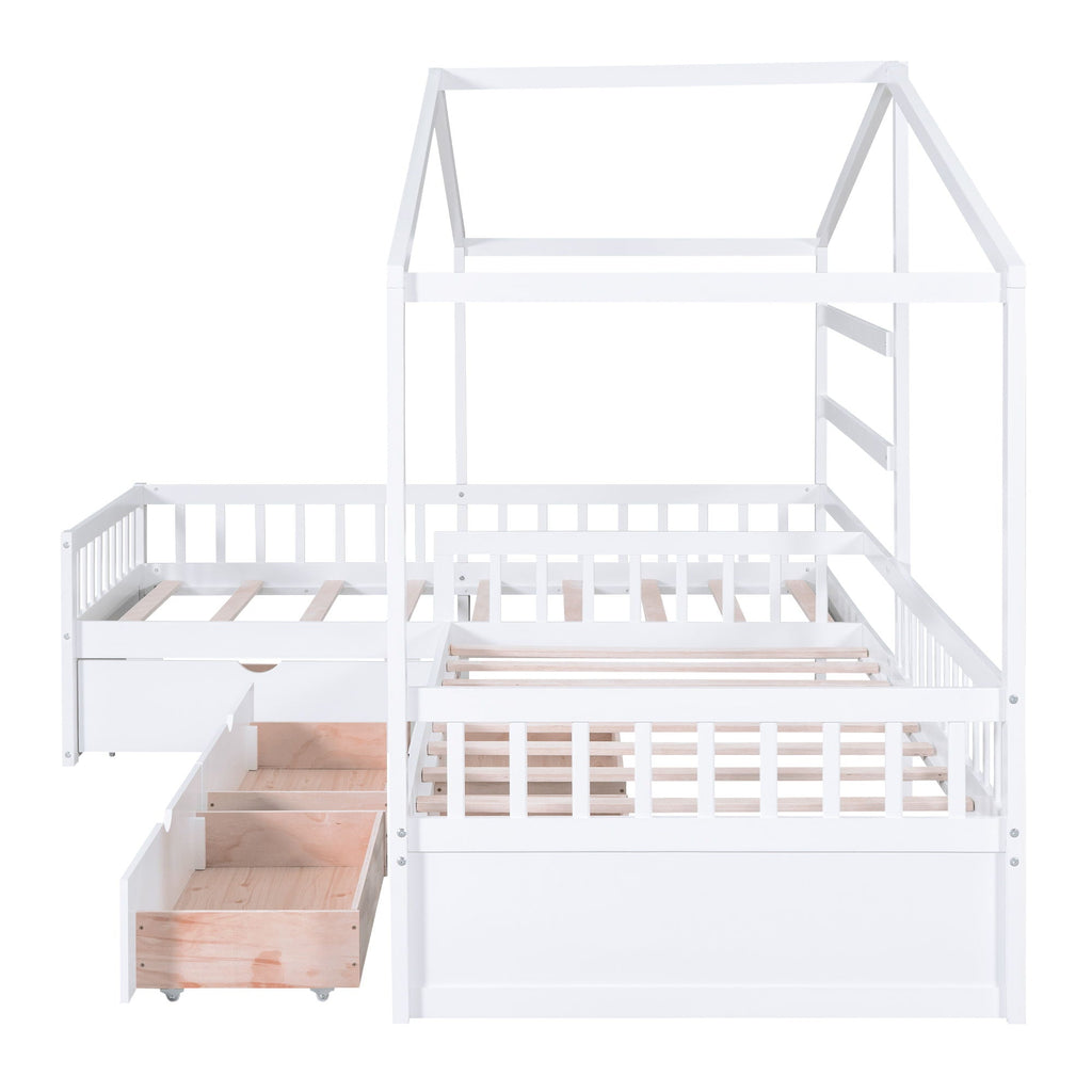 L Shape Twin Platform Bed with 3 Storage Drawers - Dark Gray or White