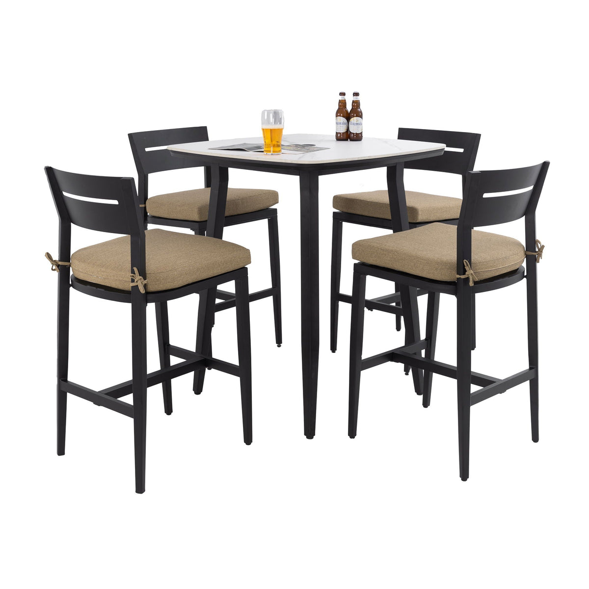 Beige 5-Piece Outdoor Patio Bar Set with Sintered Stone Table - Rounded Square Table & 4 Bar Stools