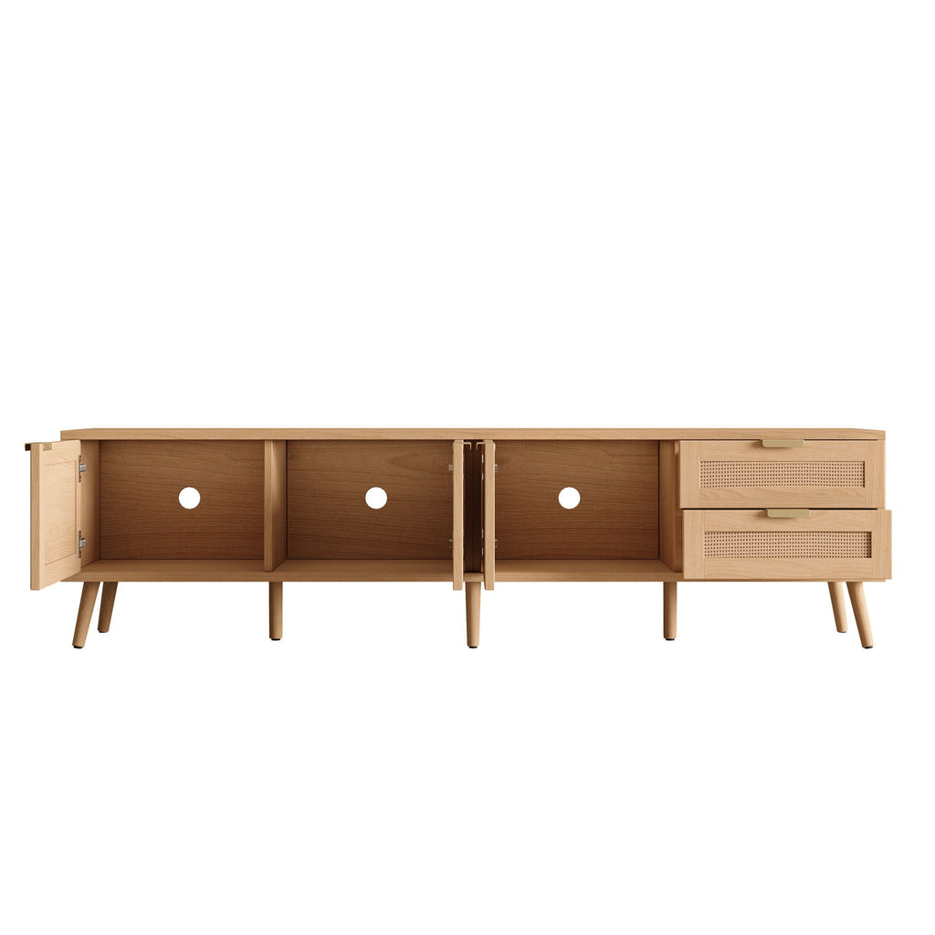 Natural Wood TV Stand with Cable Management and Drawers