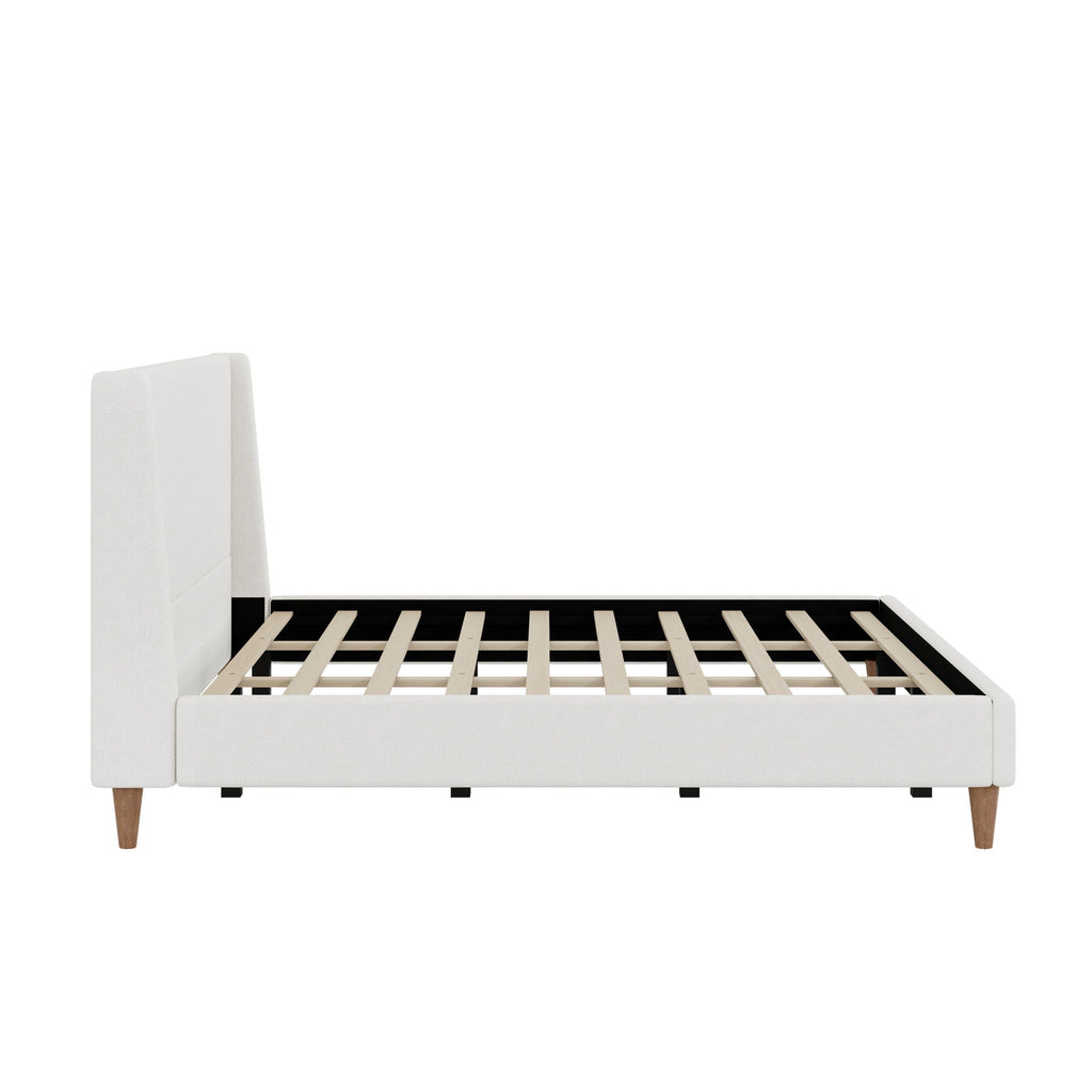 Upholstered Modern Platform Bed with Wingback Headboard - Beige or White
