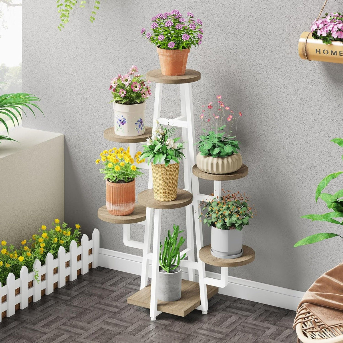 7 Tier Corner Plant Shelf with High Low Design - Dark Brown or White