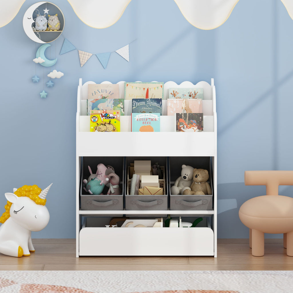 Bookshelf With Storage Bins and Drawer – Multi Functional Book Organizer for Toddlers - White