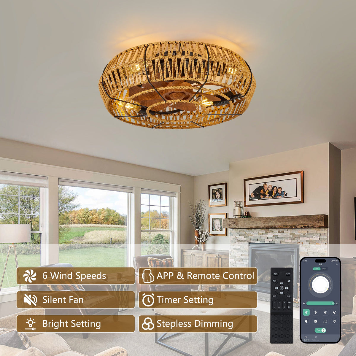19" Caged Ceiling Fan with Light and Remote - Black