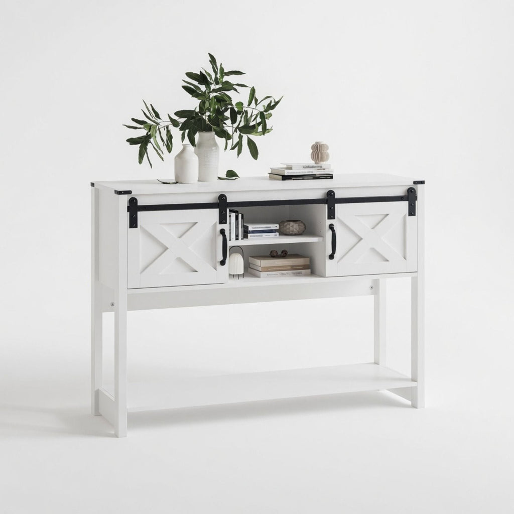 Farmhouse Entryway Table with Sliding Barn Door - Gray, Dark Gray, White, Black