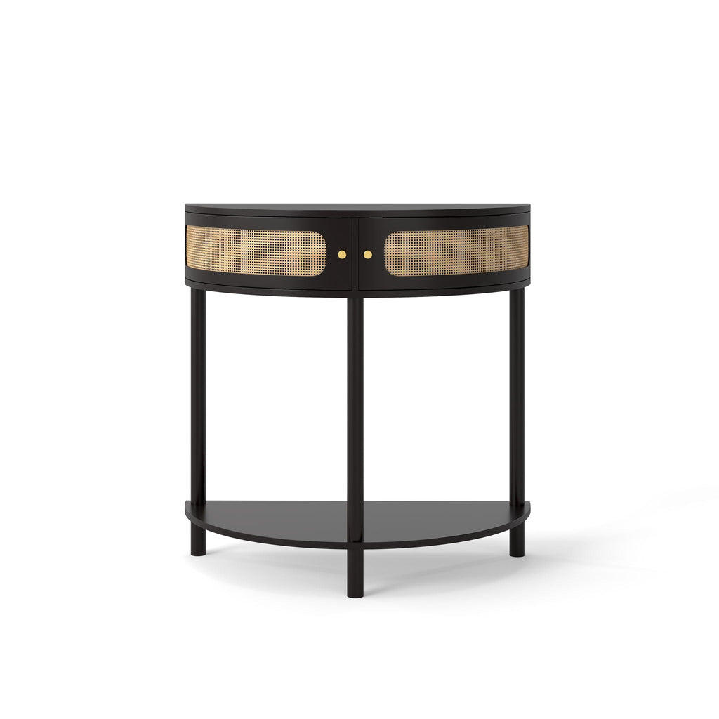 Boho Rattan Semi Circle End Table with Sliding Door and Storage - Black or Dark Green