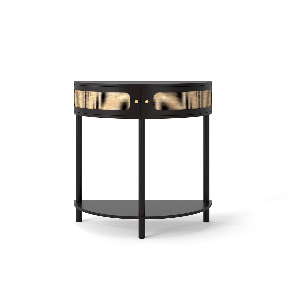 Boho Rattan Semi Circle End Table with Sliding Door and Storage - Black or Dark Green