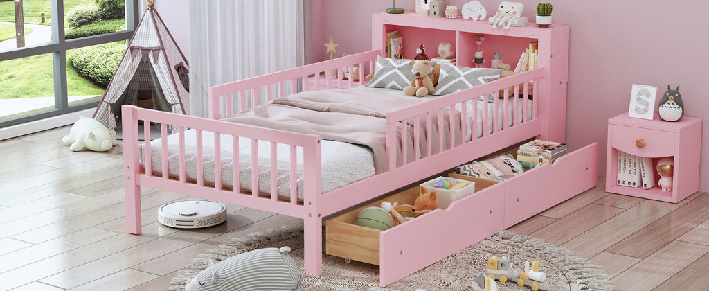 Twin Storage Bed with Headboard Rack & Under-Bed Drawers - Multiple Colors