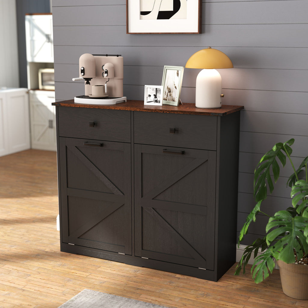 Double Tilt Out Trash Cabinet with Hideaway Drawer - Barn Door Style