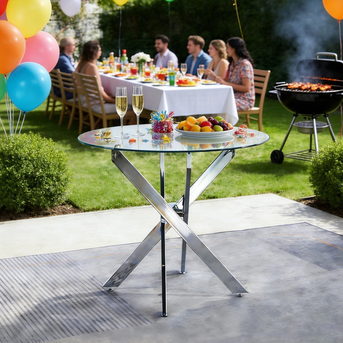 Dining Table With Cross Metal Leg And Tempered Glass
