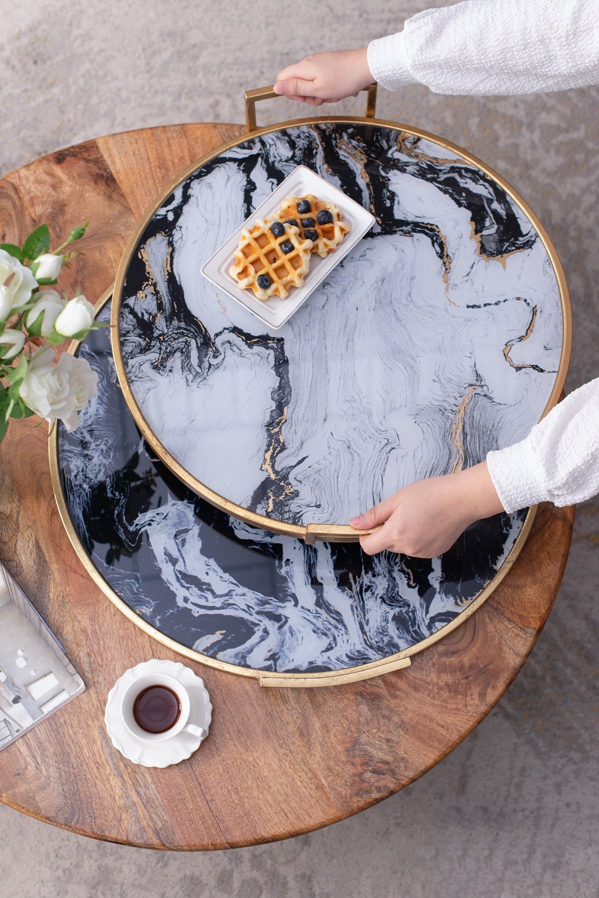 Round Decorative Tray Set with Abstract Marbled Design and Gold Handles - Black & White