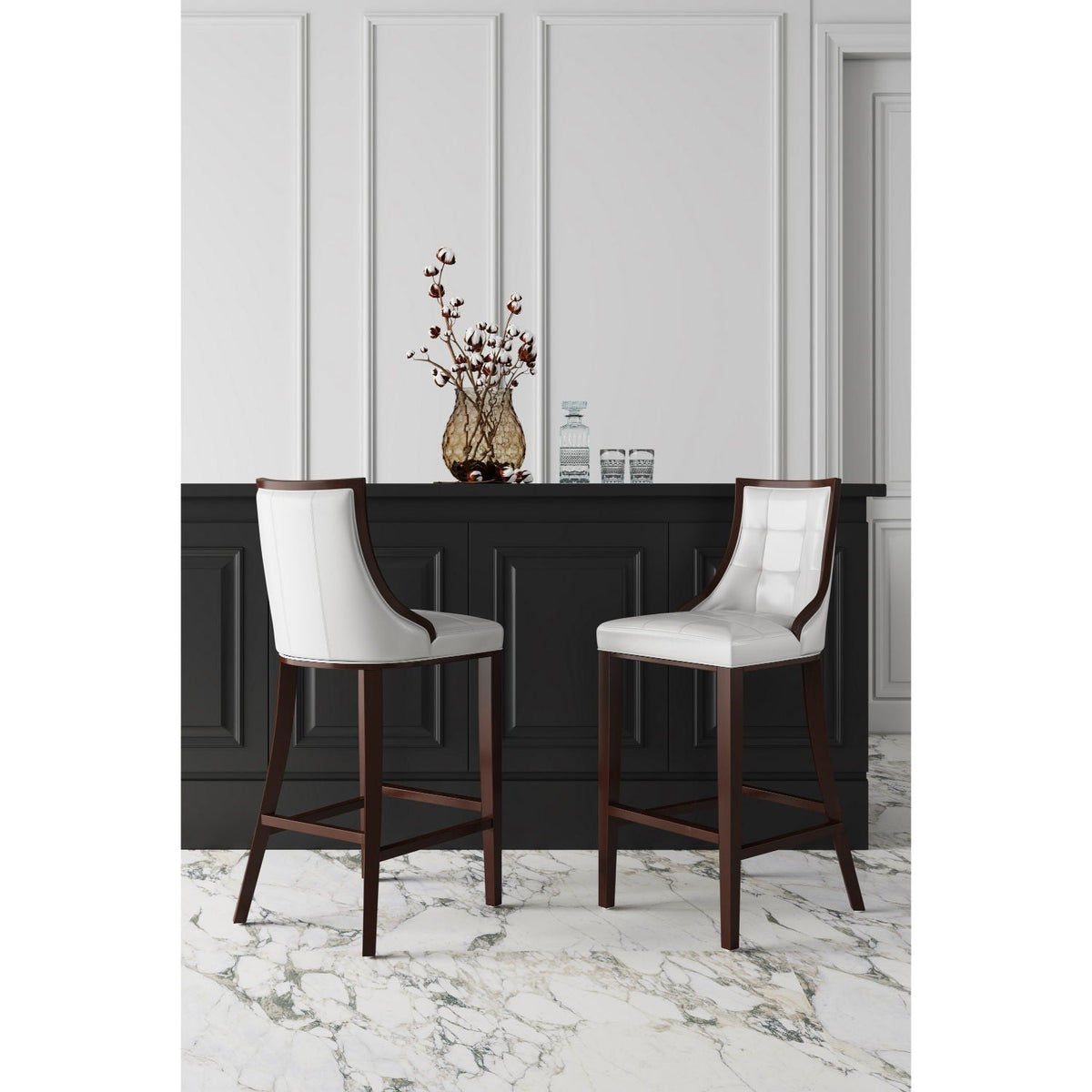 White Bar Height Stool with Solid Wood Frame - Traditional Design