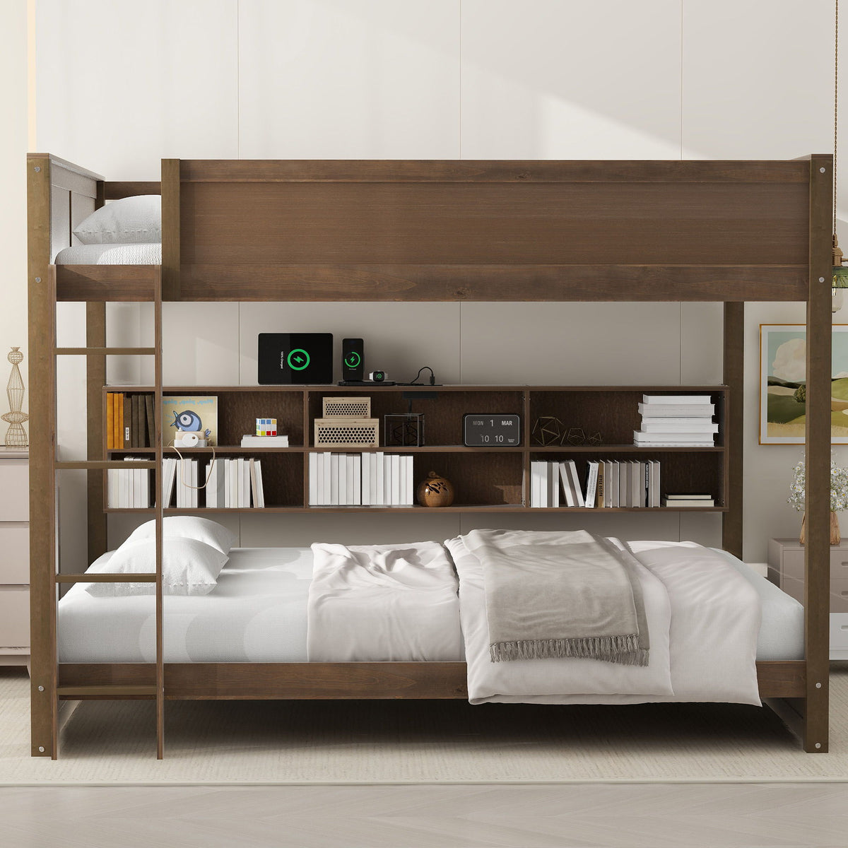 Queen Bunk Bed with Storage Cabinets and USB Ports - Dark Brown or White