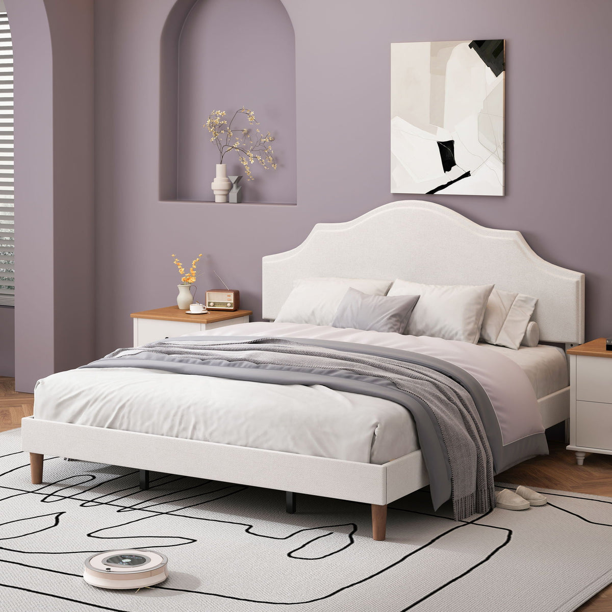 King Upholstered Platform Bed Frame with Adjustable Headboard - White